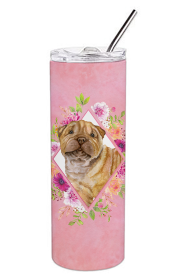 Dog Breed 20 oz Skinny Tumbler (Dog Breed: Shar Pei Pink Flowers Double Walled Stainless Steel)
