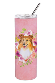 Dog Breed 20 oz Skinny Tumbler (Dog Breed: Sheltie Shetland Sheepdog Pink Flowers Double Walled Stainless Steel)