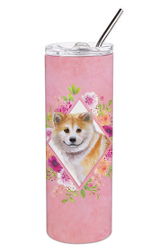 Dog Breed 20 oz Skinny Tumbler (Dog Breed: Shiba Inu Pink Flowers Double Walled Stainless Steel)