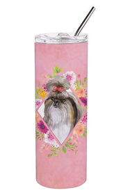 Dog Breed 20 oz Skinny Tumbler (Dog Breed: Shih Tzu Pink Flowers Double Walled Stainless Steel)
