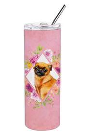 Dog Breed 20 oz Skinny Tumbler (Dog Breed: Brabant Griffon Pink Flowers Double Walled Stainless Steel)