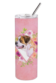 Dog Breed 20 oz Skinny Tumbler (Dog Breed: Saint Bernard #1 Pink Flowers Double Walled Stainless Steel)