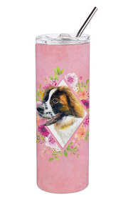 Dog Breed 20 oz Skinny Tumbler (Dog Breed: Saint Bernard #2 Pink Flowers Double Walled Stainless Steel)