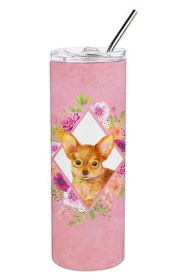 Dog Breed 20 oz Skinny Tumbler (Dog Breed: Toy Terrier Pink Flowers Double Walled Stainless Steel)