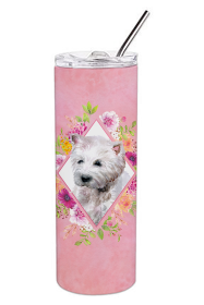 Dog Breed 20 oz Skinny Tumbler (Dog Breed: West Highland White Terrier Pink Flowers Double Walled Stainless Steel)