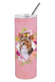 Dog Breed 20 oz Skinny Tumbler (Dog Breed: Yorkshire Terrier #1 Pink Flowers Double Walled Stainless Steel)