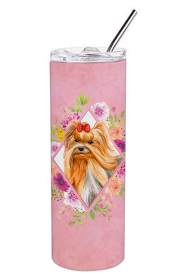 Dog Breed 20 oz Skinny Tumbler (Dog Breed: Yorkshire Terrier #2 Pink Flowers Double Walled Stainless Steel)