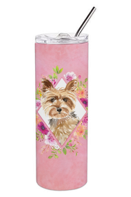 Dog Breed 20 oz Skinny Tumbler (Dog Breed: Yorkie Pink Flowers Double Walled Stainless Steel)