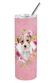 Dog Breed 20 oz Skinny Tumbler (Dog Breed: Jack Russell Terrier Pink Flowers Double Walled Stainless Steel 1)