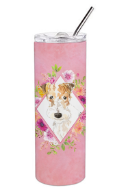 Dog Breed 20 oz Skinny Tumbler (Dog Breed: Fox Terrier Pink Flowers Double Walled Stainless Steel)