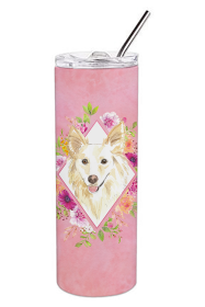 Dog Breed 20 oz Skinny Tumbler (Dog Breed: White Collie Pink Flowers Double Walled Stainless Steel)