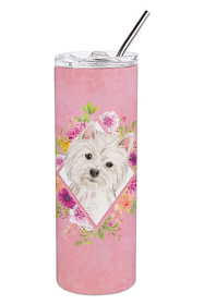 Dog Breed 20 oz Skinny Tumbler (Dog Breed: Westie  Pink Flowers Double Walled Stainless Steel)