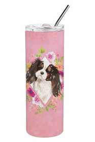 Dog Breed 20 oz Skinny Tumbler (Dog Breed: Tricolor Cavalier Spaniel Pink Flowers Double Walled Stainless Steel)