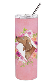 Dog Breed 20 oz Skinny Tumbler (Dog Breed: Dachshund Pink Flowers Double Walled Stainless Steel)