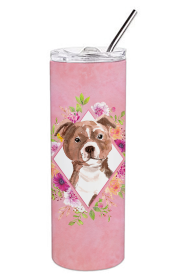 Dog Breed 20 oz Skinny Tumbler (Dog Breed: Staffie Bull Terrier Pink Flowers Double Walled Stainless Steel)