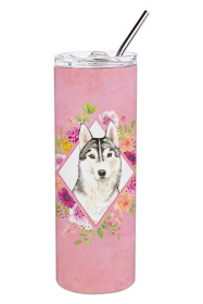 Dog Breed 20 oz Skinny Tumbler (Dog Breed: Siberian Husky Pink Flowers Double Walled Stainless Steel)