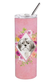 Dog Breed 20 oz Skinny Tumbler (Dog Breed: Shih Tzu Puppy Pink Flowers Double Walled Stainless Steel)