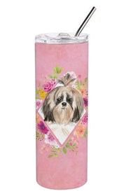 Dog Breed 20 oz Skinny Tumbler (Dog Breed: Shih Tzu Pink Flowers Double Walled Stainless Steel 1)