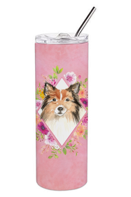 Dog Breed 20 oz Skinny Tumbler (Dog Breed: Sheltie Pink Flowers Double Walled Stainless Steel)