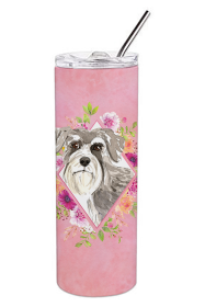 Dog Breed 20 oz Skinny Tumbler (Dog Breed: Schnauzer #1 Pink Flowers Double Walled Stainless Steel)