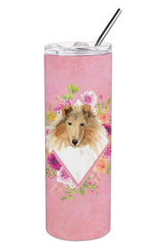 Dog Breed 20 oz Skinny Tumbler (Dog Breed: Collie Pink Flowers Double Walled Stainless Steel)