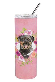 Dog Breed 20 oz Skinny Tumbler (Dog Breed: Rottweiler Pink Flowers Double Walled Stainless Steel)