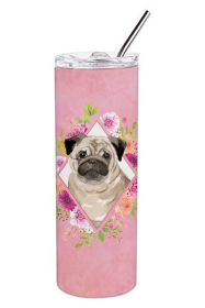Dog Breed 20 oz Skinny Tumbler (Dog Breed: Fawn Pug Pink Flowers Double Walled Stainless Steel1)