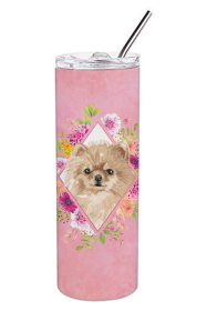 Dog Breed 20 oz Skinny Tumbler (Dog Breed: Pomeranian Pink Flowers Double Walled Stainless Steel)