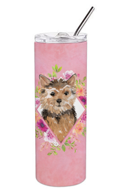 Dog Breed 20 oz Skinny Tumbler (Dog Breed: Norwich Terrier Pink Flowers Double Walled Stainless Steel)