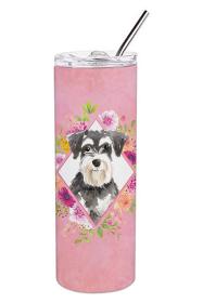 Dog Breed 20 oz Skinny Tumbler (Dog Breed: Schnauzer #2 Pink Flowers Double Walled Stainless Steel)