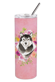 Dog Breed 20 oz Skinny Tumbler (Dog Breed: Alaskan Malamute Pink Flowers Double Walled Stainless Steel1)