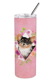 Dog Breed 20 oz Skinny Tumbler (Dog Breed: Longhaired Chihuahua Pink Flowers Double Walled Stainless Steel)