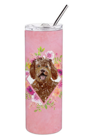 Dog Breed 20 oz Skinny Tumbler (Dog Breed: Labradoodle Pink Flowers Double Walled Stainless Steel)