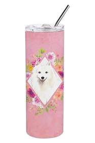 Dog Breed 20 oz Skinny Tumbler (Dog Breed: Japanese Spitz Pink Flowers Double Walled Stainless Steel)