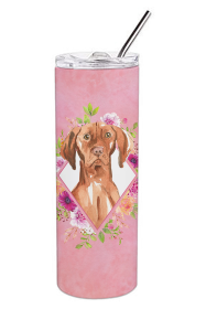 Dog Breed 20 oz Skinny Tumbler (Dog Breed: Vizsla Pink Flowers Double Walled Stainless Steel)
