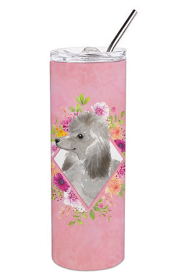 Dog Breed 20 oz Skinny Tumbler (Dog Breed: Grey Standard Poodle Pink Flowers Double Walled Stainless Steel)