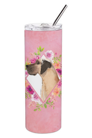 Dog Breed 20 oz Skinny Tumbler (Dog Breed: Fawn Great Dane Pink Flowers Double Walled Stainless Steel)