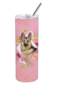Dog Breed 20 oz Skinny Tumbler (Dog Breed: German Shepherd Pink Flowers Double Walled Stainless Steel)