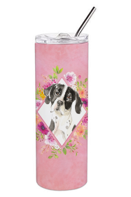 Dog Breed 20 oz Skinny Tumbler (Dog Breed: English Pointer Pink Flowers Double Walled Stainless Steel)