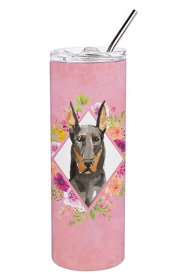 Dog Breed 20 oz Skinny Tumbler (Dog Breed: Doberman Pinsher Pink Flowers Double Walled Stainless Steel)