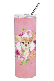 Dog Breed 20 oz Skinny Tumbler (Dog Breed: Chihuahua Pink Flowers Double Walled Stainless Steel)