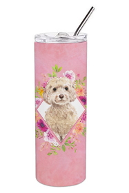 Dog Breed 20 oz Skinny Tumbler (Dog Breed: Champagne Cockapoo Pink Flowers Double Walled Stainless Steel)