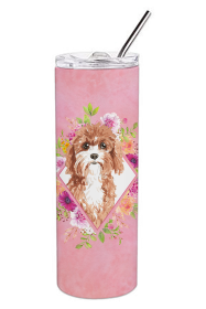Dog Breed 20 oz Skinny Tumbler (Dog Breed: Cavapoo Pink Flowers Double Walled Stainless Steel)