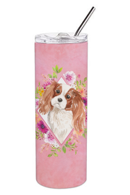 Dog Breed 20 oz Skinny Tumbler (Dog Breed: Blenheim Cavalier Spaniel Pink Flowers Double Walled Stainless Steel)