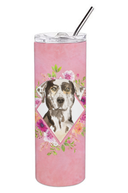 Dog Breed 20 oz Skinny Tumbler (Dog Breed: Catahoula Leopard Dog Pink Flowers Double Walled Stainless Steel)