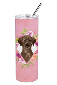 Dog Breed 20 oz Skinny Tumbler (Dog Breed: Chocolate Labrador Pink Flowers Double Walled Stainless Steel)