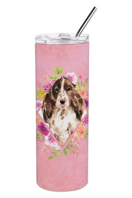Dog Breed 20 oz Skinny Tumbler (Dog Breed: Brown Parti Cocker Spaniel Pink Flowers Double Walled Stainless Steel)