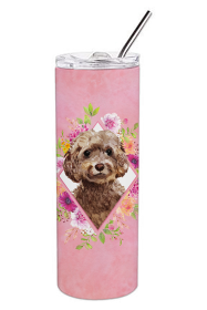 Dog Breed 20 oz Skinny Tumbler (Dog Breed: Chocolate Cockapoo Pink Flowers Double Walled Stainless Steel)