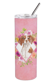 Dog Breed 20 oz Skinny Tumbler (Dog Breed: Brittany Spaniel Pink Flowers Double Walled Stainless Steel)