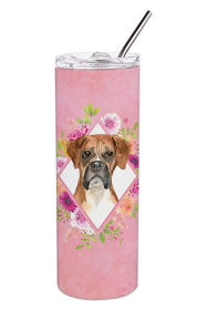 Dog Breed 20 oz Skinny Tumbler (Dog Breed: Boxer Pink Flowers Double Walled Stainless Steel)